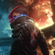 Cyberpunk 2077's protagonist stands in front of a chaotic Night City.